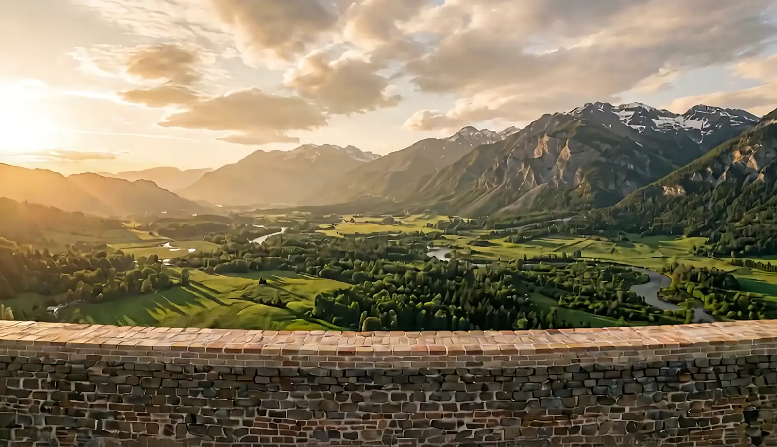 A golden-hour valley with a winding river and snow-capped mountains, seen from the top of a brick wall