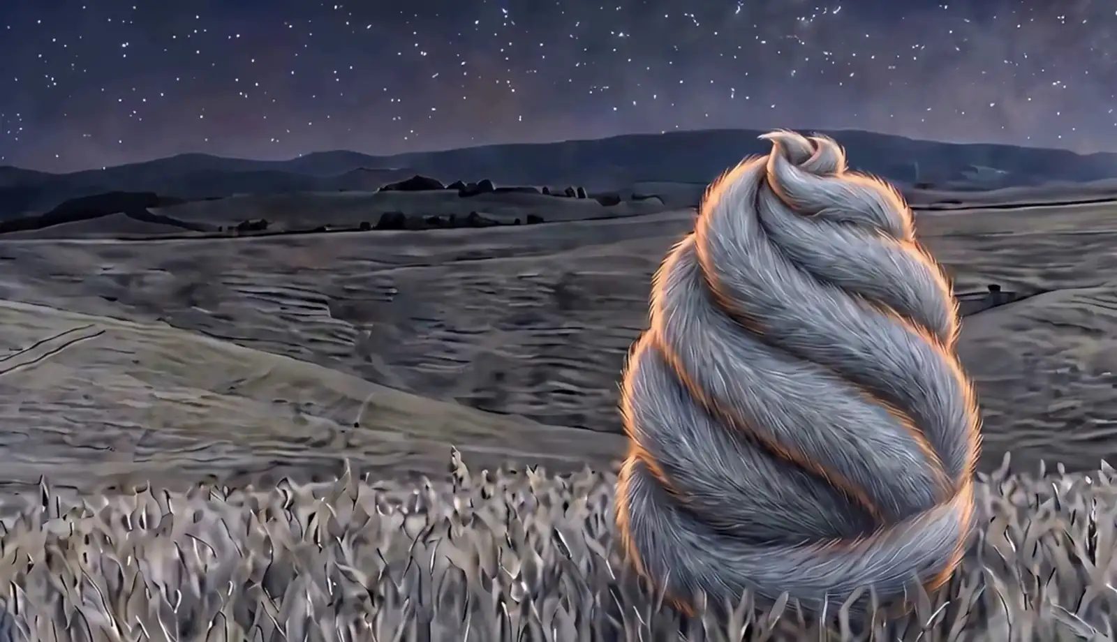 A white fox's seven tails wrapped around it into a cocoon, in a field of grass under the stars